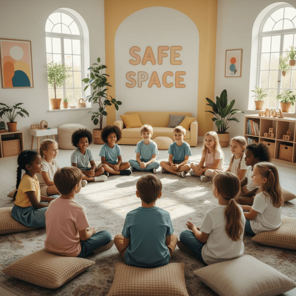 Group of children sitting together in circle in safe calm space with bright welcoming interior