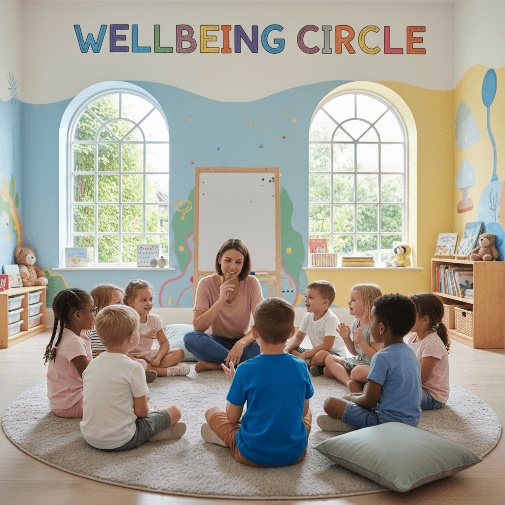 Children in a supportive group circle with a caring adult in a bright, warm-lit room