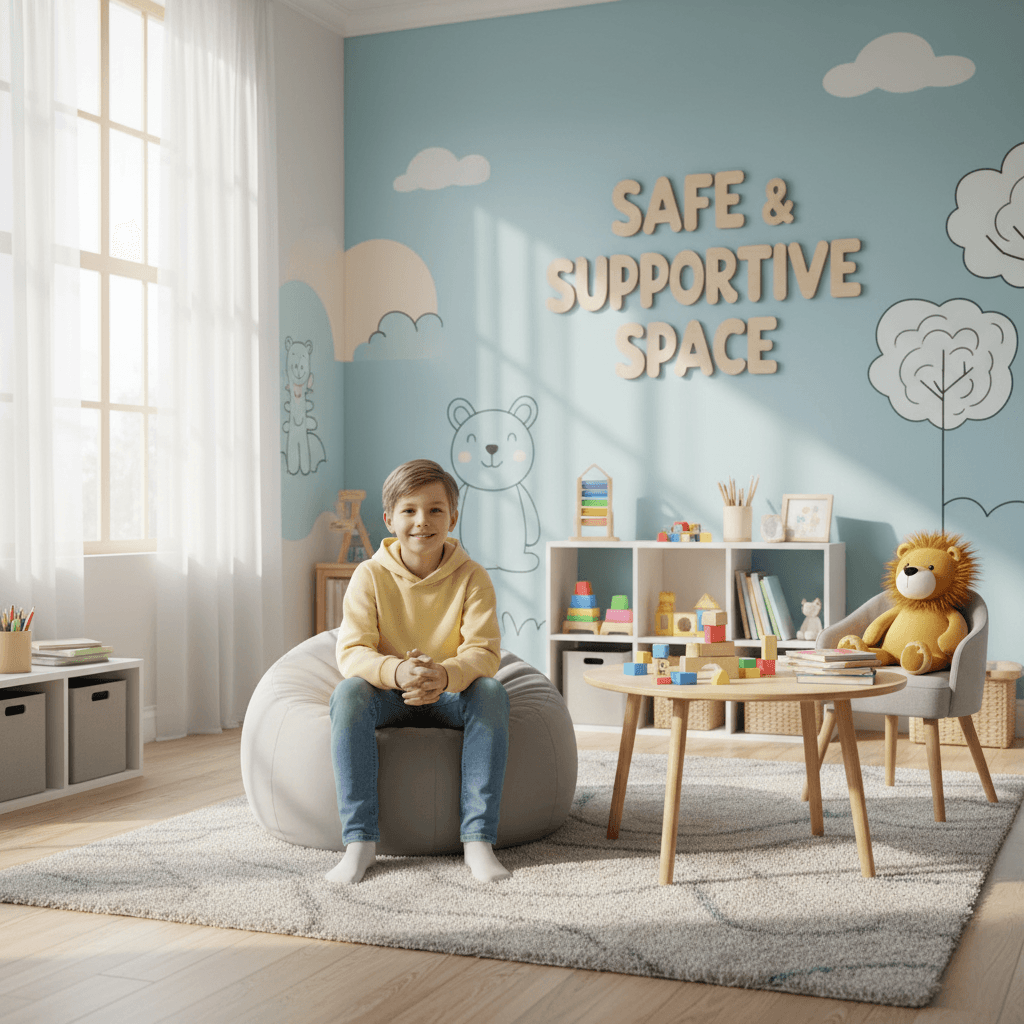Young person looking peaceful and confident in bright modern therapy or wellbeing space