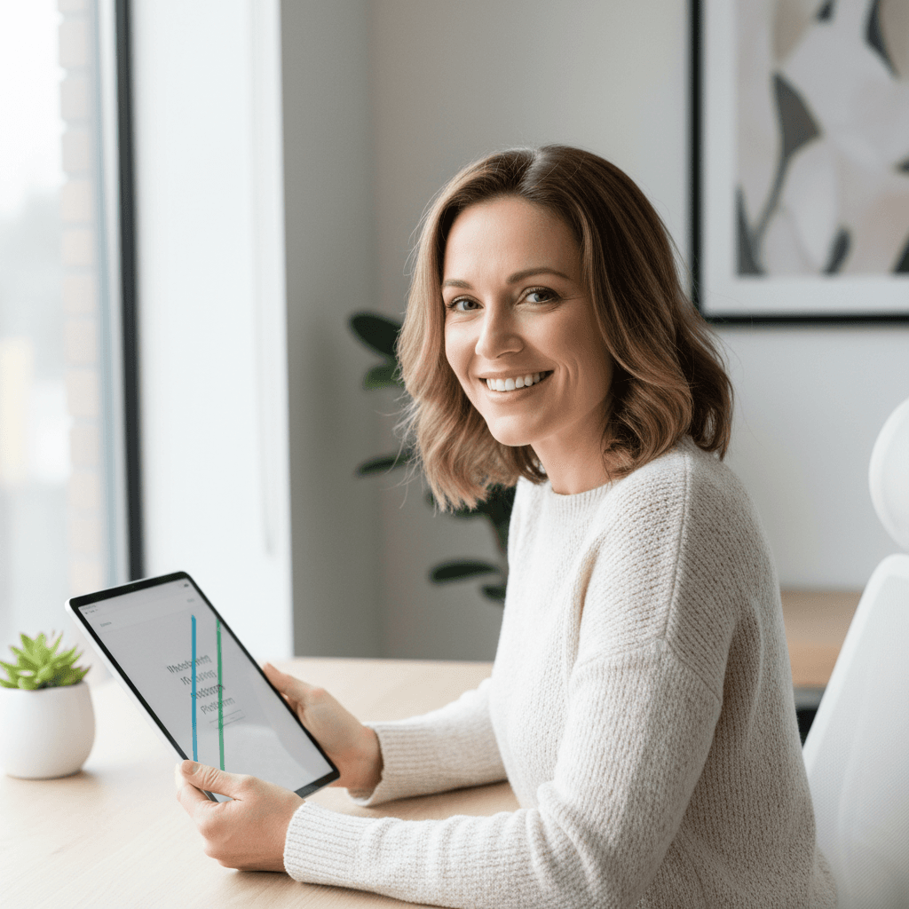 Professional headshot of confident adult smiling while viewing a mobile device in bright modern workspace